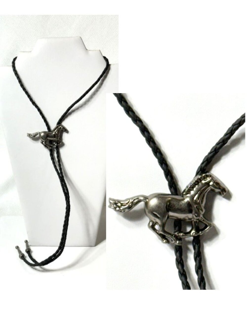 Silver-tone horse, black cord western cowboy bolo tie.